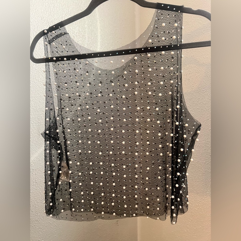 Sheer Black Top with Pearl and Rhinestones